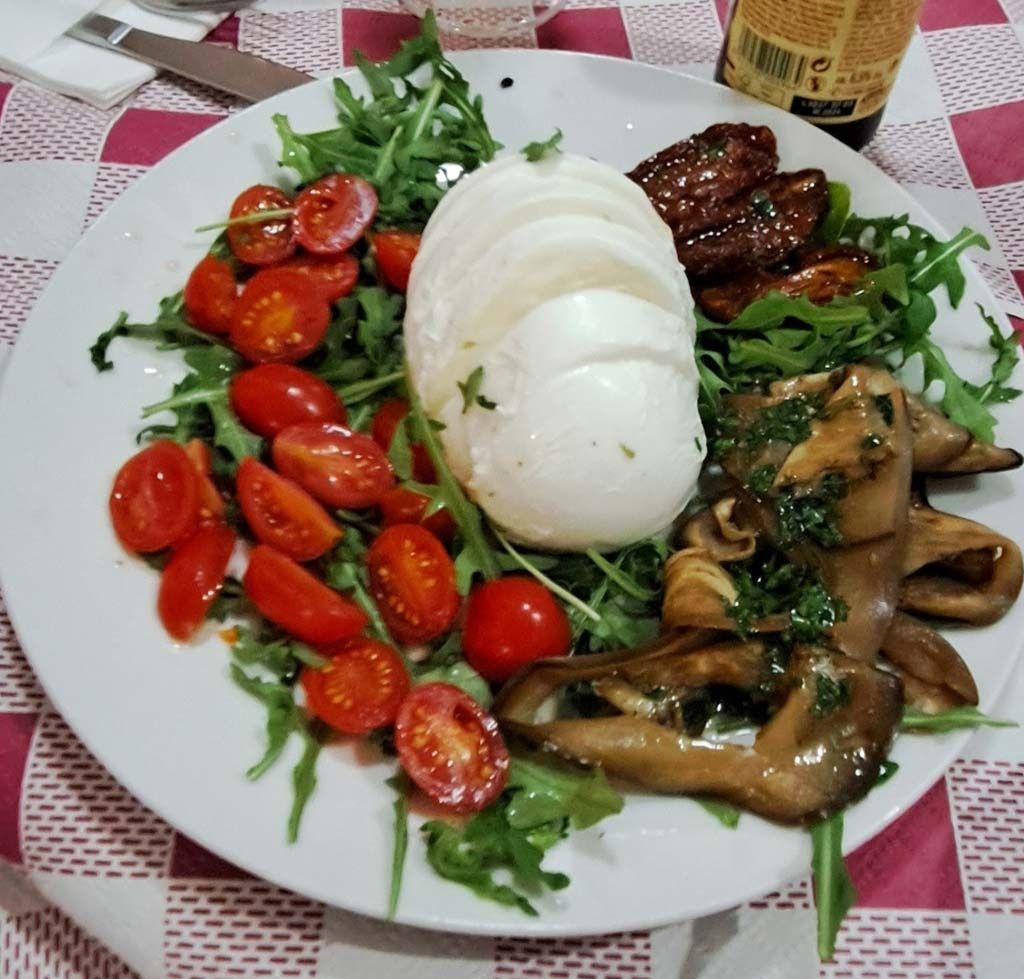 Un plato de comida con tomates y mozzarella sobre un mantel a cuadros.