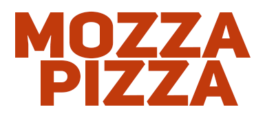El logotipo de la pizza mozzarella es rojo y blanco sobre un fondo blanco.