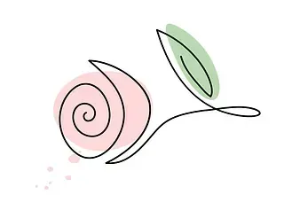 Un dibujo de línea continua de una rosa con una hoja verde.