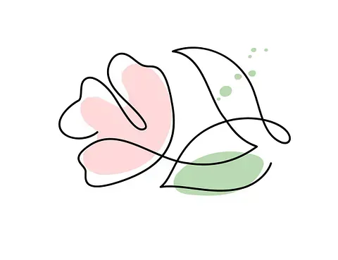 Un dibujo de línea continua de una rosa con hojas sobre un fondo blanco.