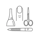 Un dibujo lineal de un esmalte de uñas, tijeras, pinzas y una lima de uñas.