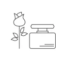 Un dibujo lineal de una rosa y una botella de perfume.