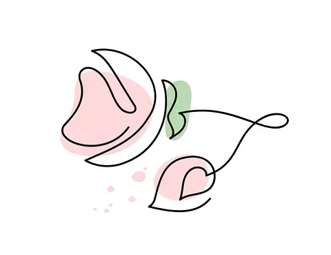 Un dibujo de línea continua de una rosa con hojas sobre un fondo blanco.