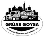 Gr&uacute;a con coche en plataforma, logo "GR&Uacute;AS GOYSA", datos de contacto, fondo del skyline de la ciudad.