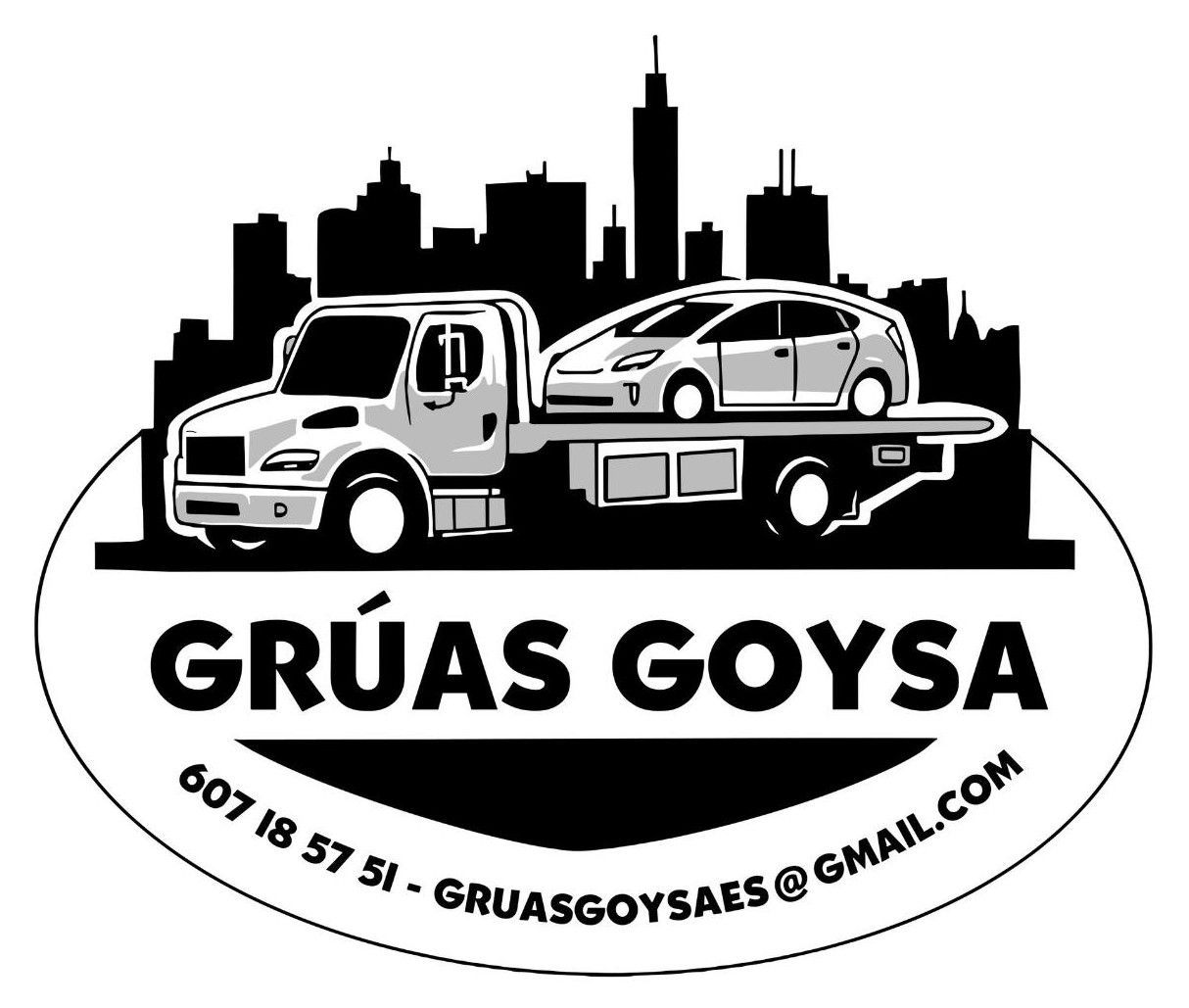 Grúa con coche en plataforma, logo "GRÚAS GOYSA", datos de contacto, fondo del skyline de la ciudad.
