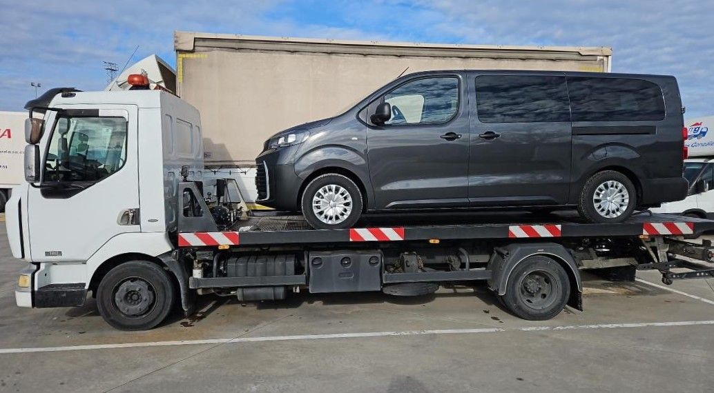 Furgoneta gris sobre una grúa de plataforma al aire libre bajo un cielo nublado.