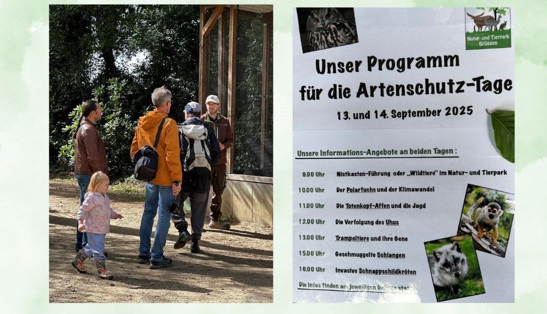 Ein Plakat im Freien kündigt ein Tierschutzprogramm an, neben Menschen, die in einem Waldgebiet spazieren gehen.