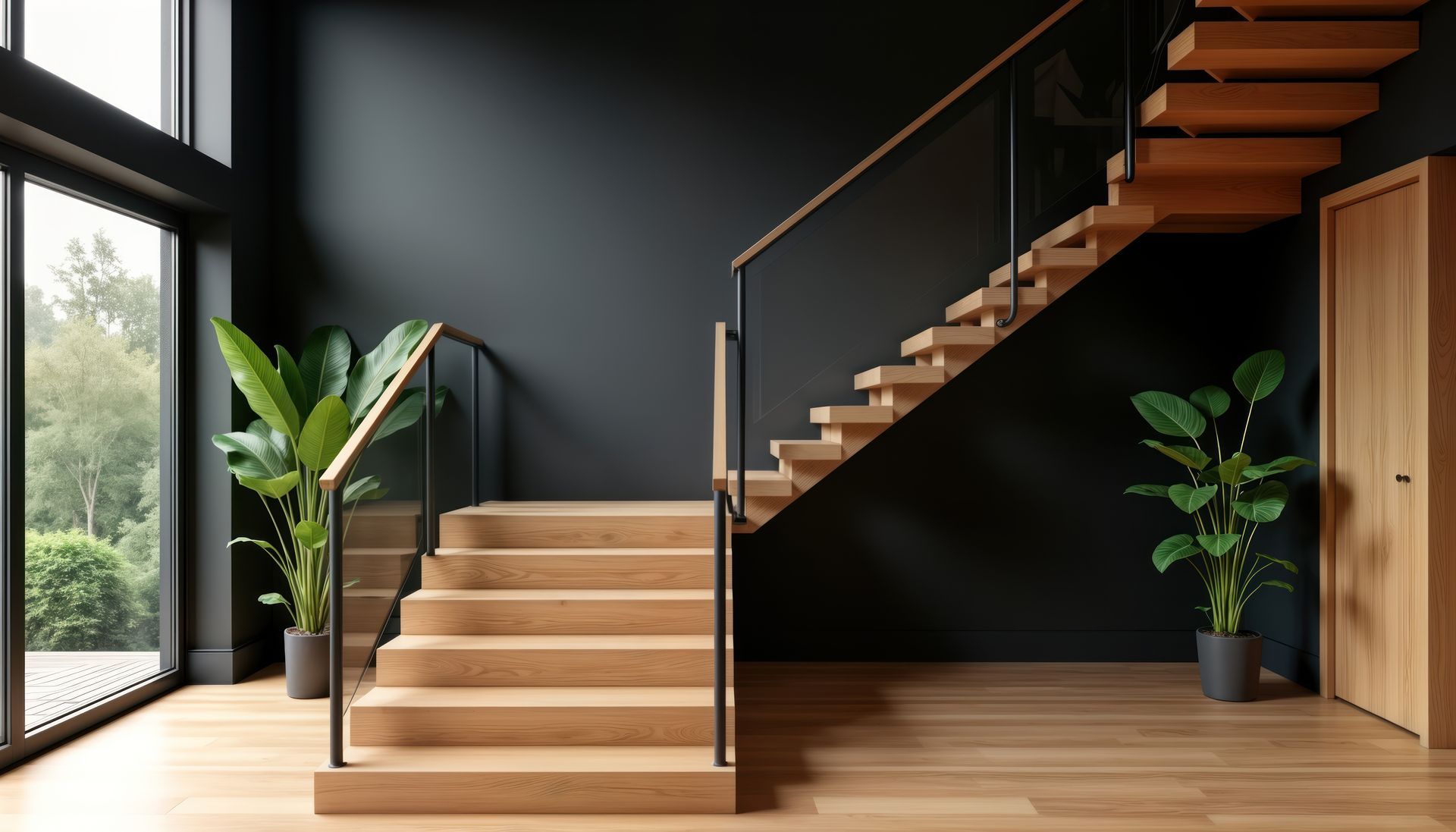 Escalier en bois avec rampe en verre, plantes et grande fenêtre dans une maison moderne.