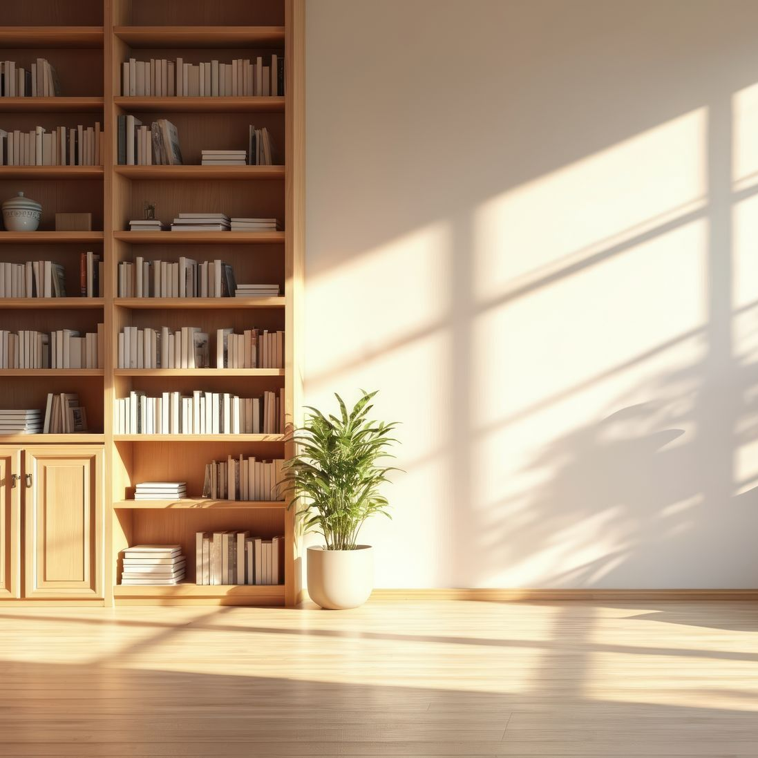 Une étagère en bois est adossée à un mur, avec une plante en pot.