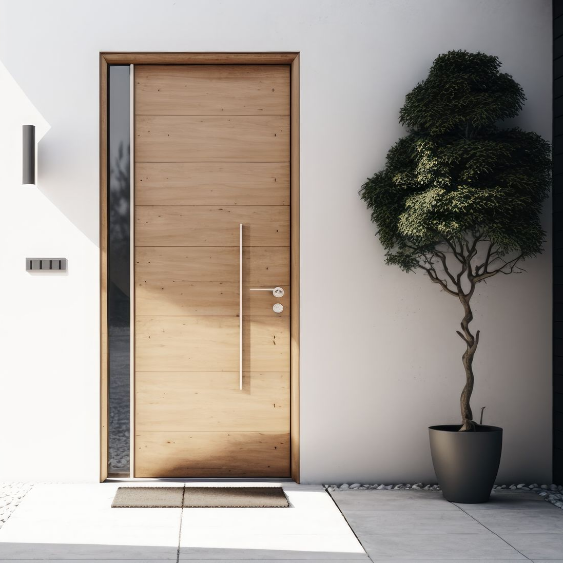 Porte d'entrée en bois avec panneau de verre, design moderne, avec un petit arbre.