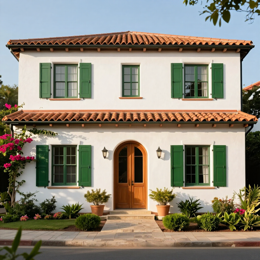 Casa blanca de dos plantas con contraventanas verdes, tejado de terracota y puerta principal de madera en arco, rodeada de flores