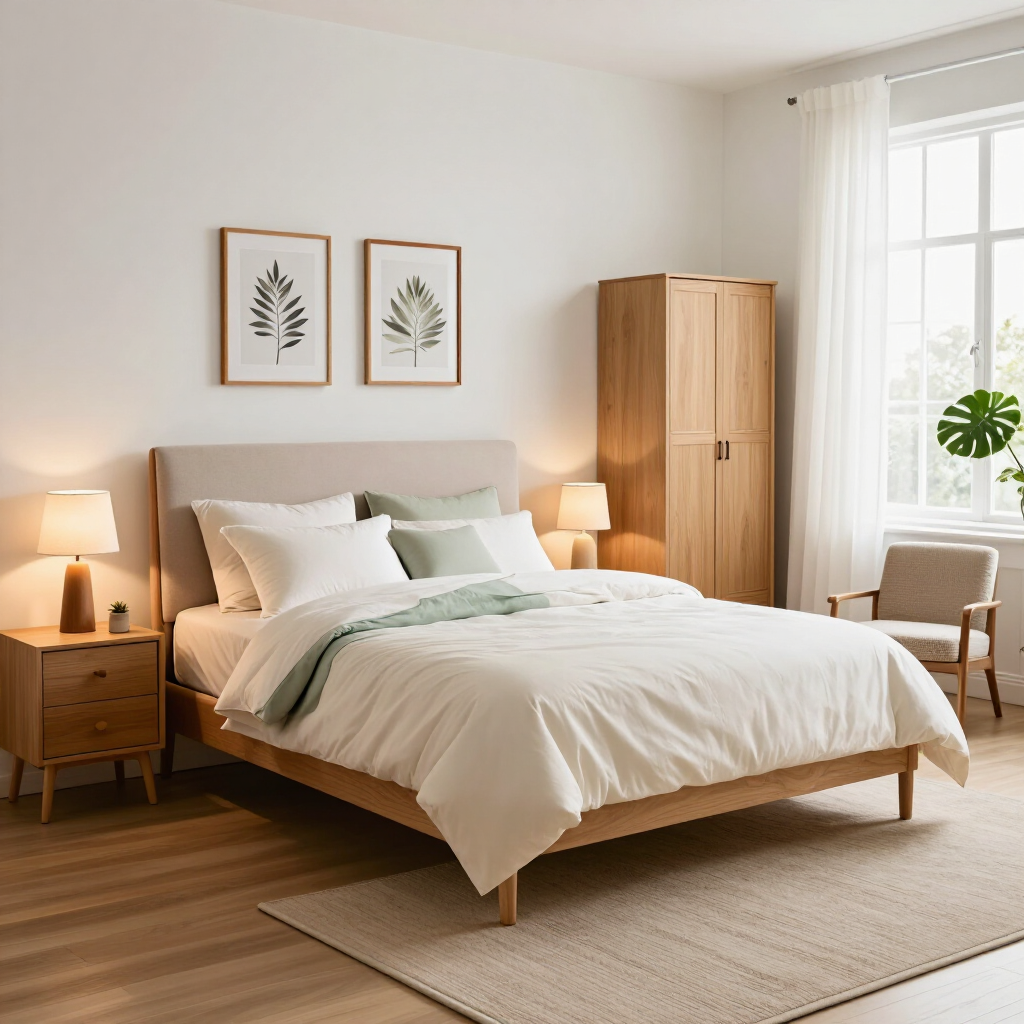 Dormitorio luminoso y minimalista, con una cama hecha, mesitas de noche de madera, un armario y láminas enmarcadas de hojas.