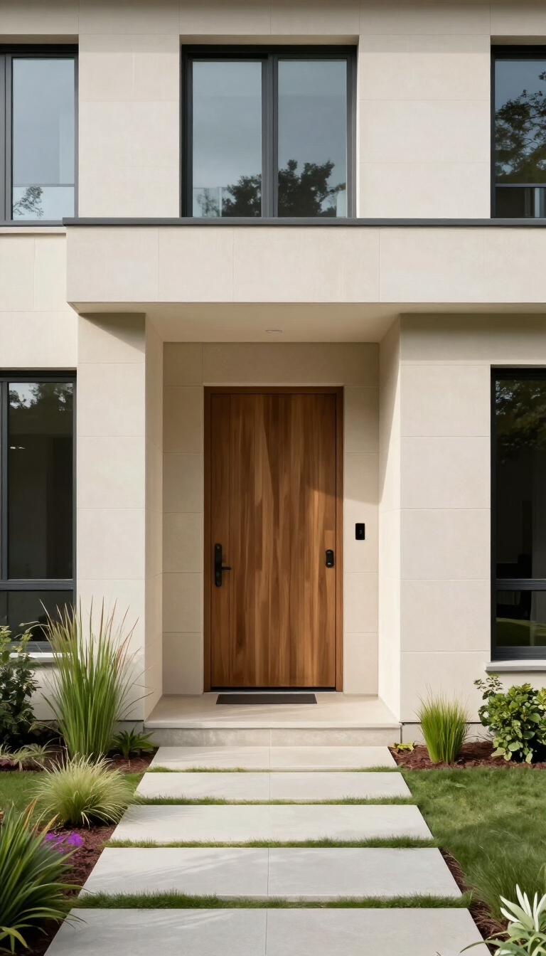 Entrada de una casa moderna con una puerta principal de madera, grandes ventanales y un camino de piedra que atraviesa un jardín ajardinado