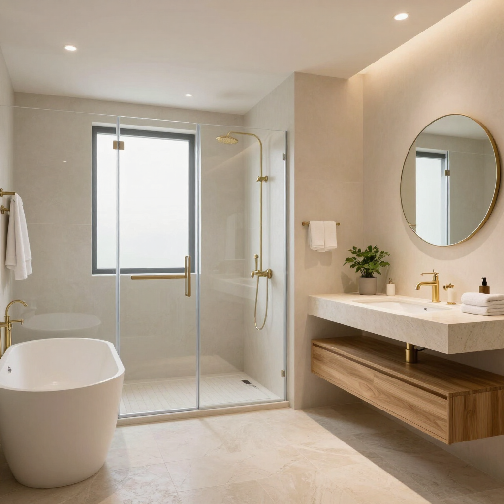 Baño moderno en tonos beige con bañera exenta, ducha de cristal, lavabo suspendido y espejo redondo