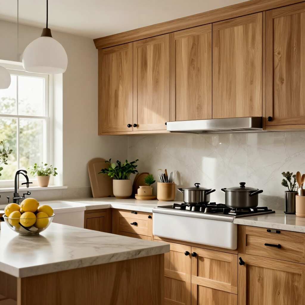 Cocina luminosa con armarios de madera, encimeras blancas y un cuenco de limones en la isla.