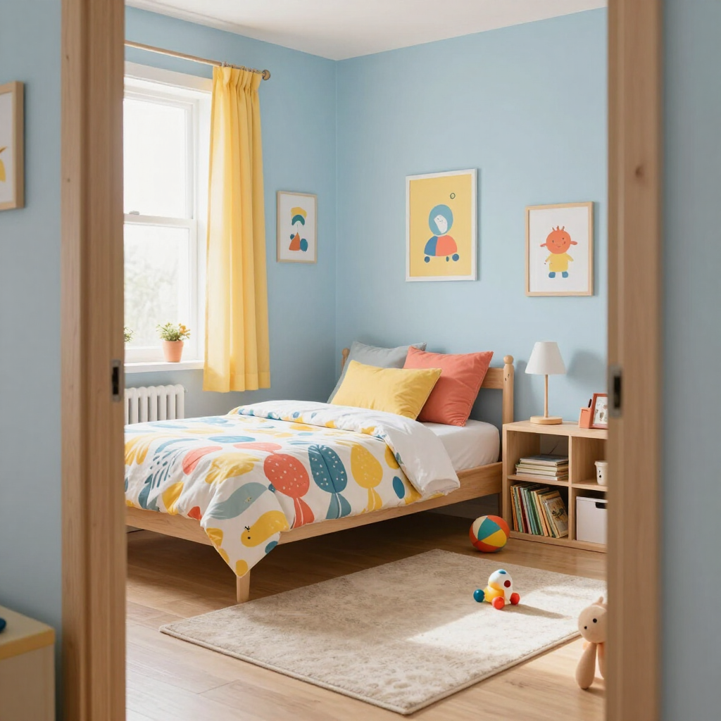 Acogedora habitación infantil con paredes azules, cortinas amarillas, una cama con ropa de cama colorida y juguetes en el suelo