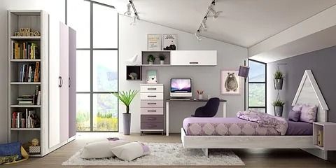 Un dormitorio con una cama, un escritorio, una estantería y una ventana.
