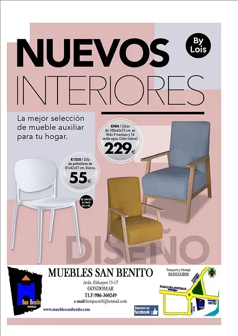 Un cartel de Muebles San Benito con dos sillas.