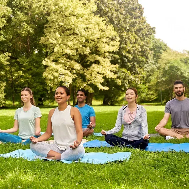 Un grupo de personas está sentada en colchonetas de yoga en un parque.