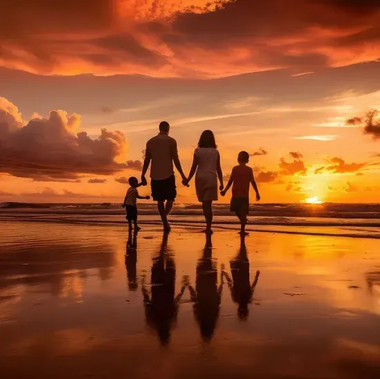 Una familia camina por la playa al atardecer tomados de la mano.