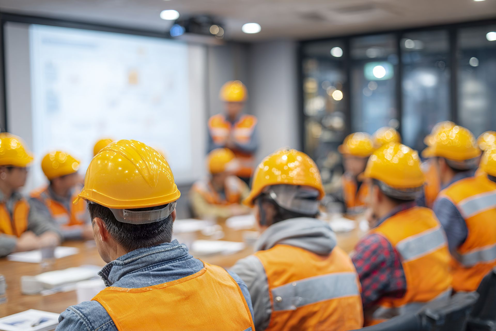 Un groupe d'ouvriers portant des casques de chantier jaunes et des gilets haute visibilité assistent à une présentation dans une salle de réunion.
