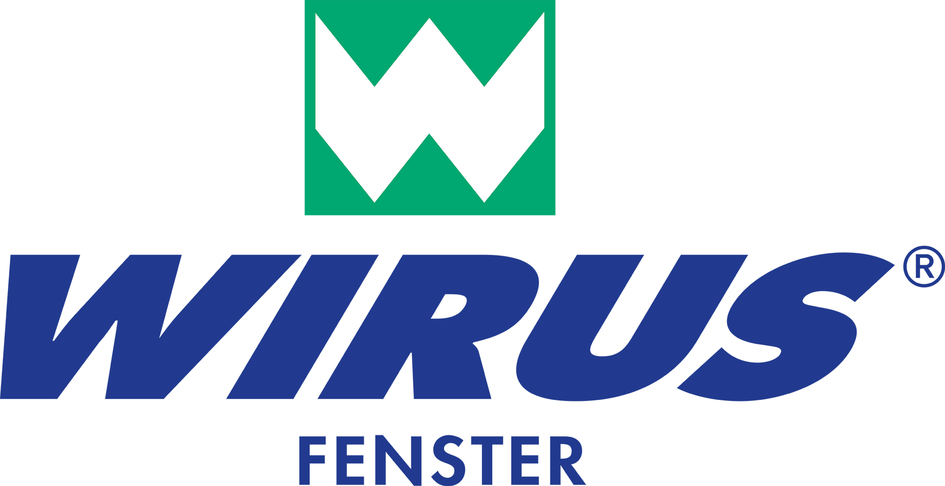 Logo für Wirus Fenster, ein Fensterunternehmen. Besteht aus einem grünen Quadrat mit weißer „W“-Form und blauem Text „WIRUS FENSTER“.