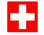 Cuadrado rojo con un símbolo de cruz blanca que se asemeja a la bandera suiza.