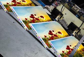 Fotografías impresas de flores rojas pasando por una máquina de impresión en una línea de montaje.
