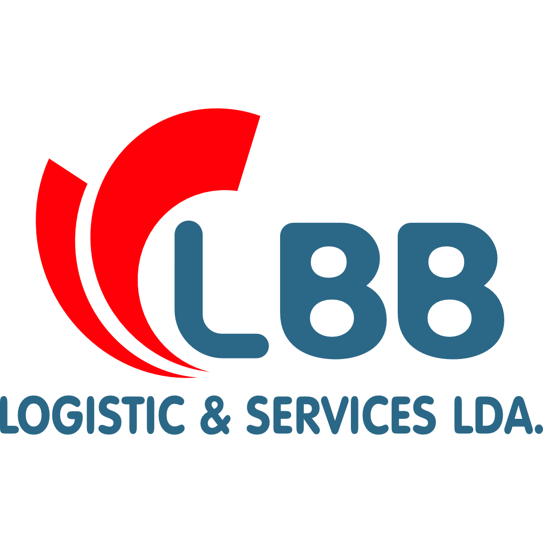 Logotipo da LBB Logistic & Services LDA em texto azul e vermelho sobre fundo branco.