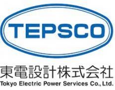 Logotipo da TEPSCO com oval azul e texto, além de Tokyo Electric Power Services Co., Ltd. em japonês e inglês.