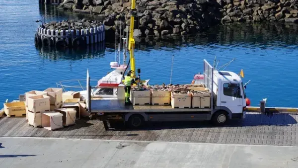 Caminhão utilitário branco carregado com caixas e equipamentos estacionado à beira da água em um cais portuário.