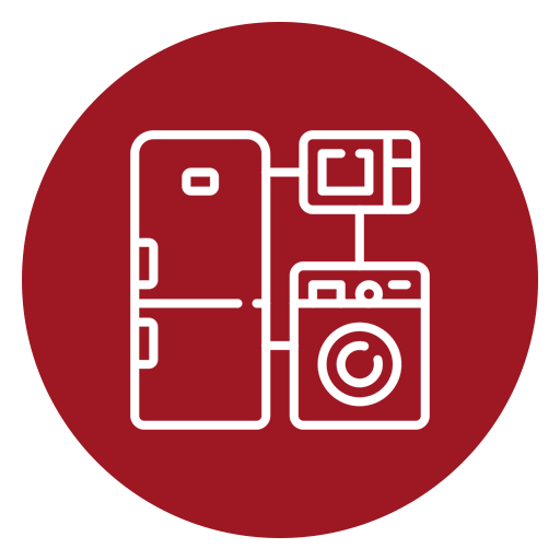 Un icono de un refrigerador, lavadora y secadora en un círculo rojo.