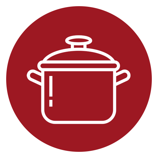 Un icono de una olla con tapa dentro de un círculo rojo.