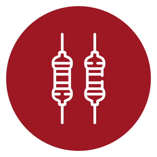 Un par de resistencias en un círculo rojo sobre un fondo blanco.