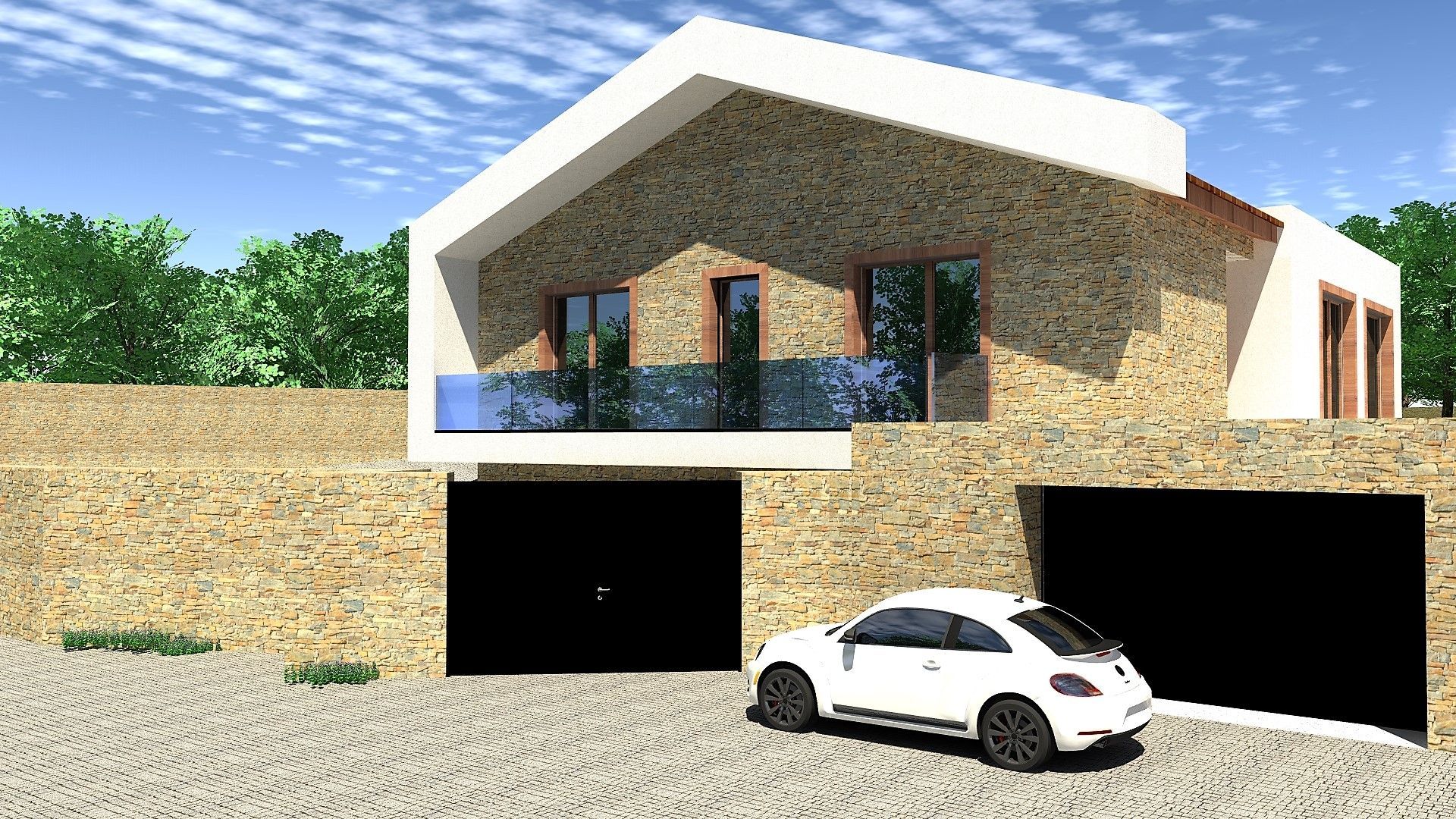 Maison beige au toit de tuiles rouges, volets bleus et patio avec table et chaises par une journée ensoleillée.