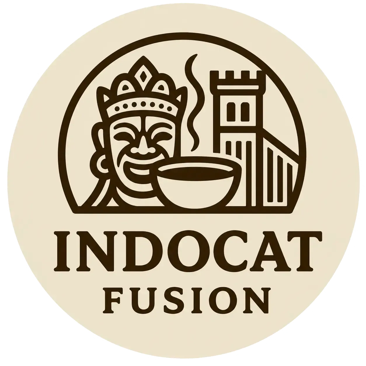 Logotipo de Indocat Fusion con un rostro estilizado, un cuenco y un edificio en color marr&oacute;n sobre fondo beige.