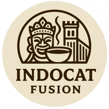 Logotipo de Indocat Fusion con un rostro estilizado, un cuenco y un edificio en color marr&oacute;n sobre fondo beige.