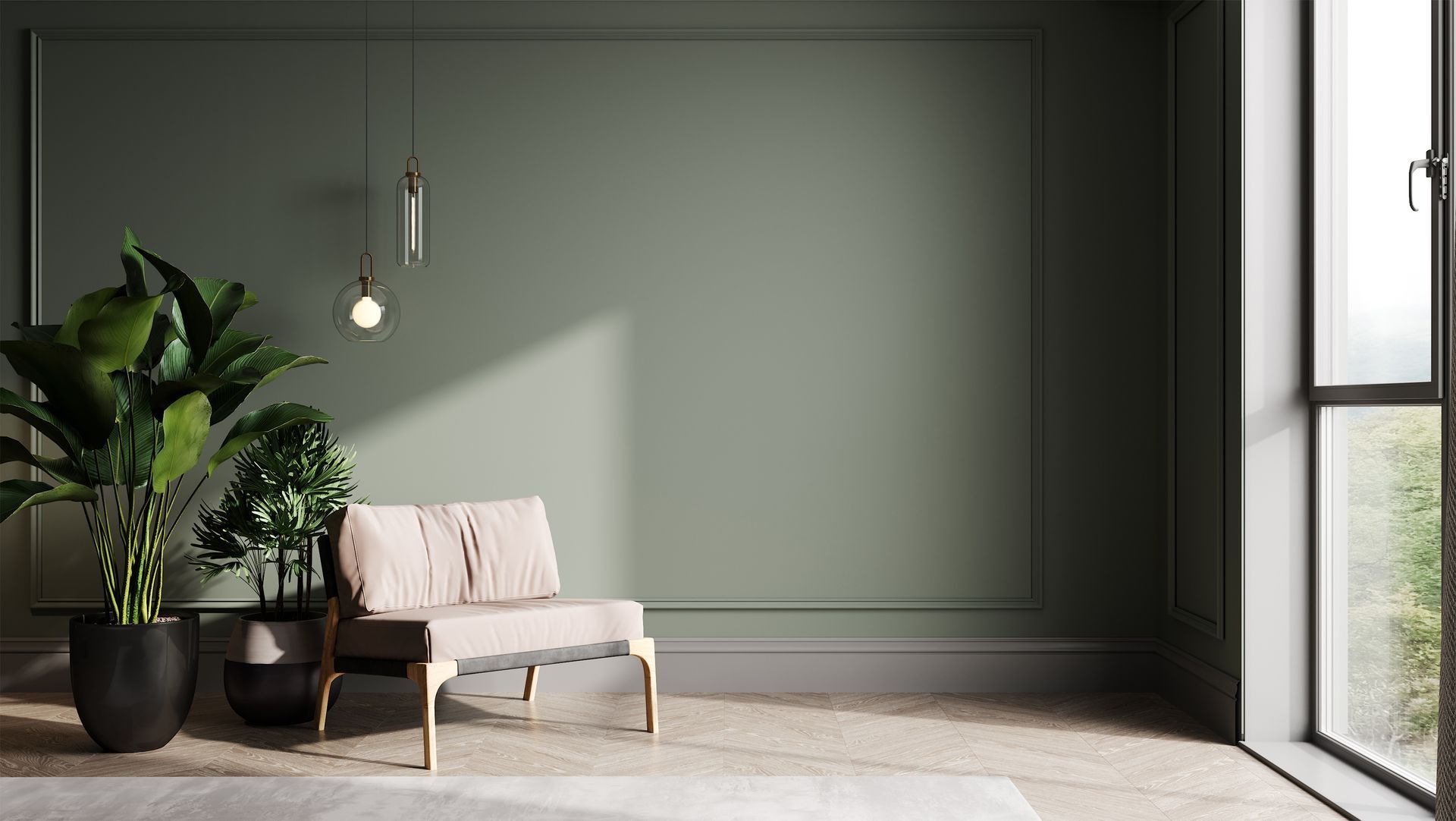 Wohnzimmer mit einer dunkelgrünen Wand und deckenhohem Fenster