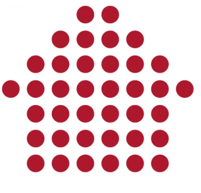 Un icono con forma de casa formado por una cuadrícula de círculos de color rojo oscuro sobre un fondo blanco.