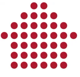 Un icono con forma de casa formado por una cuadrícula de círculos de color rojo oscuro sobre un fondo blanco.
