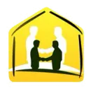Un icono de casa amarilla que contiene dos siluetas oscuras que se dan la mano, superpuestas sobre dos siluetas 