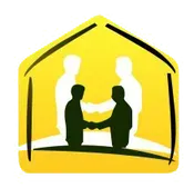 Un icono de casa amarilla que contiene dos siluetas oscuras que se dan la mano, superpuestas sobre dos siluetas 