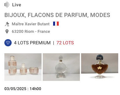 Vente de flacons de parfum, bijoux et mode 3 mai 2025 à 14h