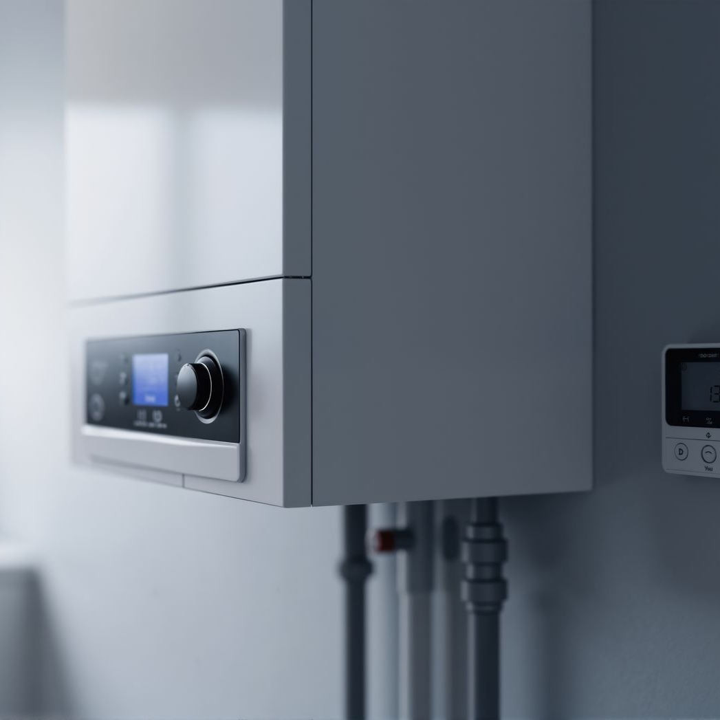 Chaudière murale blanche avec panneau de commande, tuyaux et thermostat.