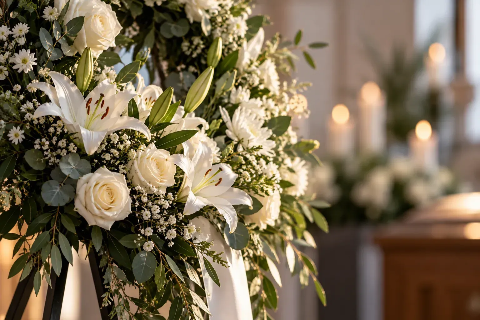 Arreglo floral blanco para funeral con rosas y lirios, adornado con follaje y velas en una sala con iluminación tenue