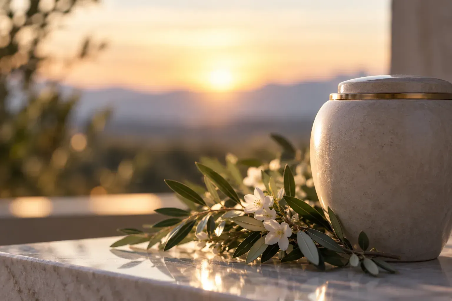 Pequeña urna blanca junto a ramas de olivo y flores blancas sobre una superficie de piedra al atardecer