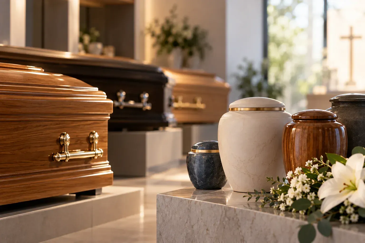 Ataúdes y urnas con flores blancas en una capilla funeraria iluminada tenuemente