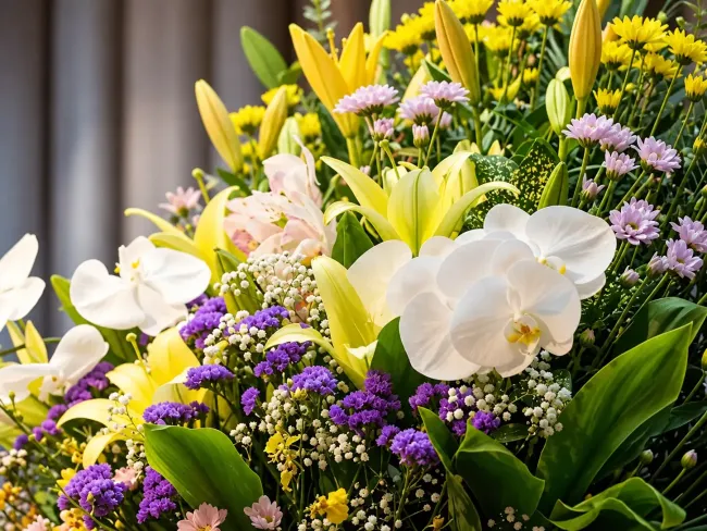 Ramo mixto de lirios, orquídeas y flores moradas en tonos amarillos, blancos y verdes