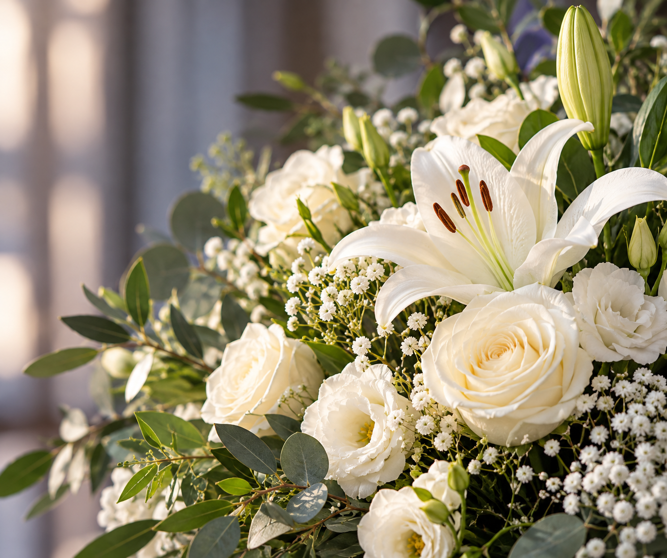 Rosas blancas y lirios con follaje en un delicado y elegante ramo floral
