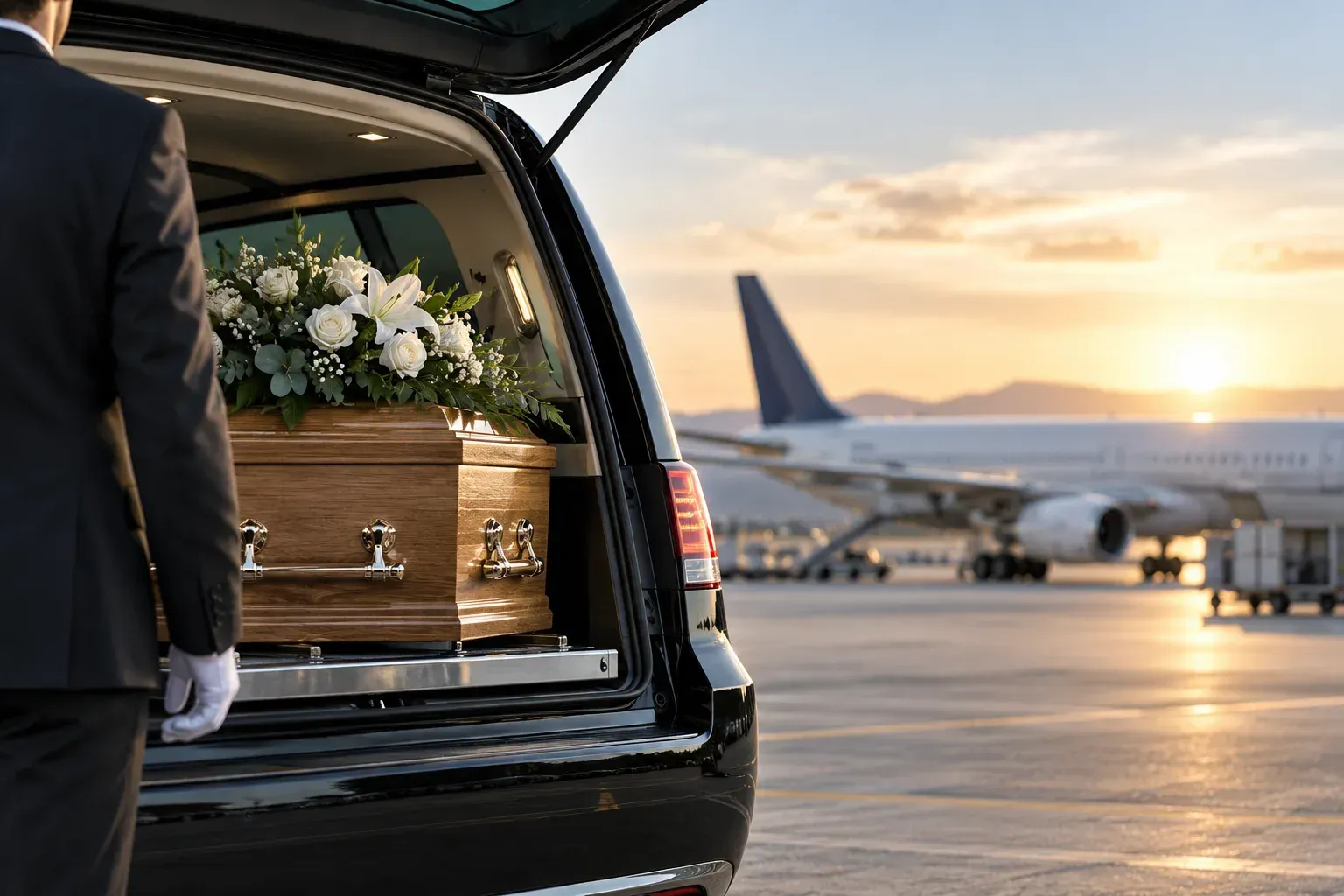 Ataúd con flores blancas en un coche fúnebre descubierto, en la pista de un aeropuerto al atardecer